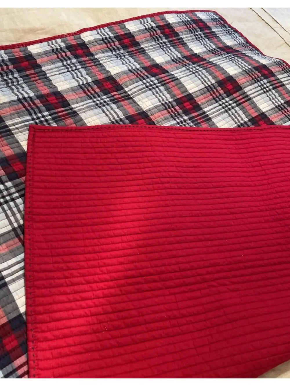 Pottery Barn Kids Plaid Quilt – 36” x 51” Red, White & Blue Reversible EUC